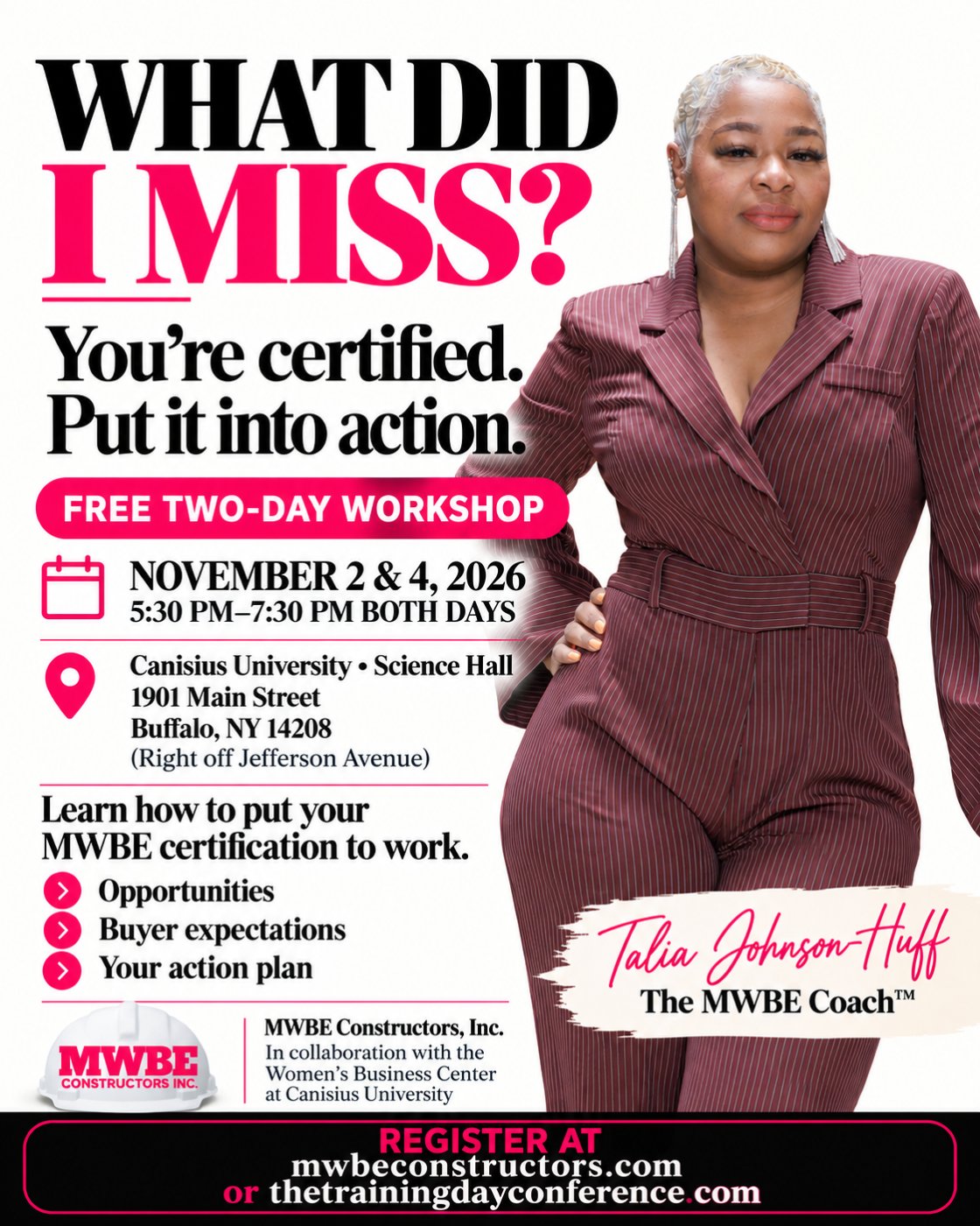 What Did I Miss? flyer: free two-day workshop, Nov 2 & 4, 2026, 5:30–7:30 PM, Canisius University Science Hall, with Talia Johnson-Huff