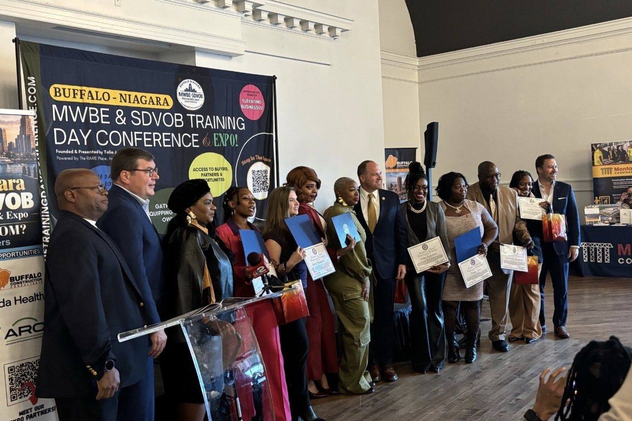 Cohort 1 graduates with Congressman Tim Kennedy, Senator Robert Ortt, Senator April Baskin and Senator Jeremy Zellner, holding their Congressional certificates of completion