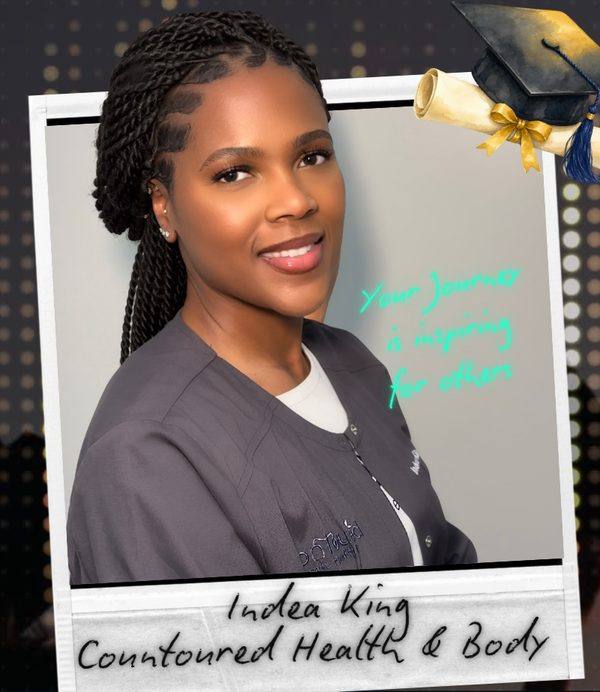 Indea King, Contoured Health & Body, graduation photo with the handwritten note: Your journey is inspiring for others.